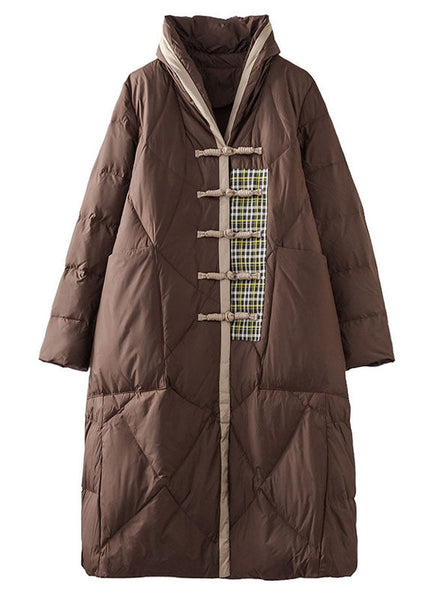Simple Brown Patchwork Oriental Button Duck Down Puffer Outwear Winter LY0012
