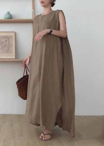 Simple Coffee O Neck Patchwork Cotton Maxi Dress Sleeveless LC0435