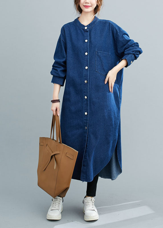 Simple Denim Blue Stand Collar Oversized Side Open Cotton Shirt Dresses Spring AC2046
