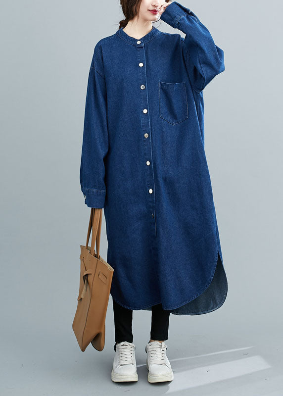 Simple Denim Blue Stand Collar Oversized Side Open Cotton Shirt Dresses Spring AC2046