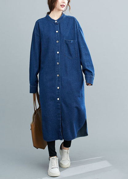 Simple Denim Blue Stand Collar Oversized Side Open Cotton Shirt Dresses Spring AC2046