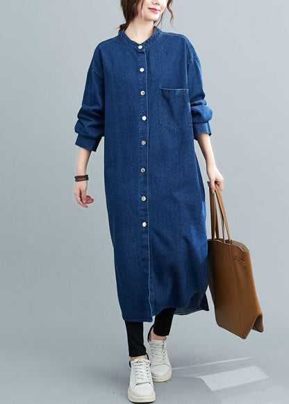 Simple Denim Blue Stand Collar Oversized Side Open Cotton Shirt Dresses Spring AC2046