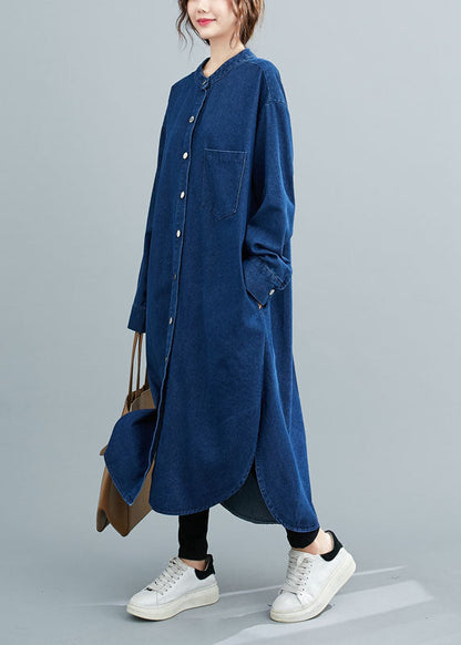 Simple Denim Blue Stand Collar Oversized Side Open Cotton Shirt Dresses Spring AC2046