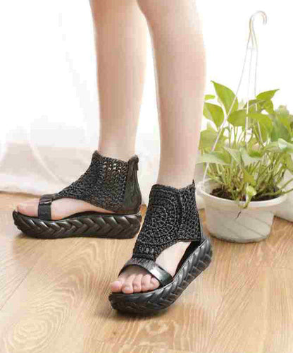 Simple Faux Leather Splicing Platform Sandals Black Knit Fabric LY1747