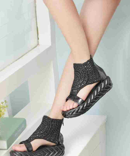 Simple Faux Leather Splicing Platform Sandals Black Knit Fabric LY1747