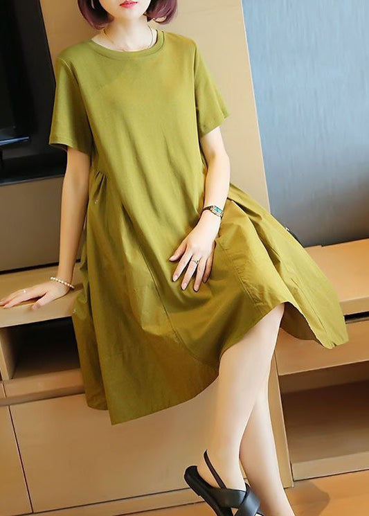 Simple Grass Green O-Neck Patchwork Exra Large Hem Cotton Dress Summer LY1419