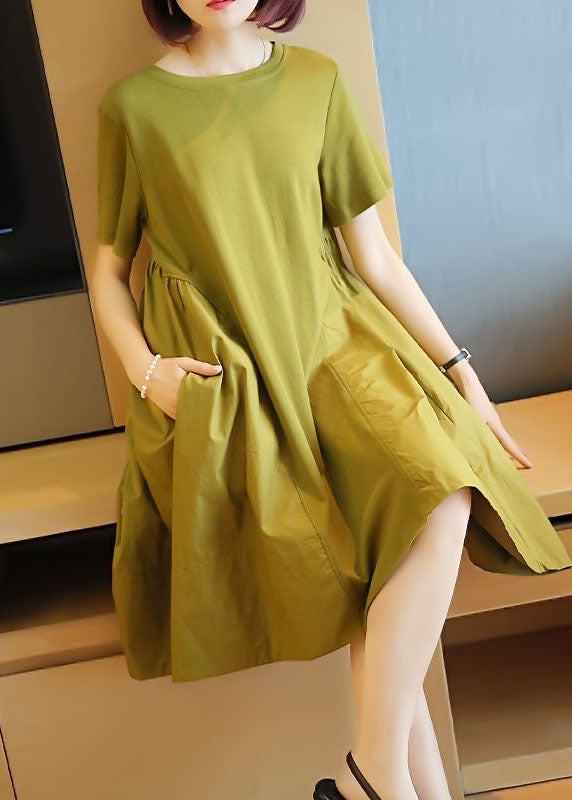 Simple Grass Green O-Neck Patchwork Exra Large Hem Cotton Dress Summer LY1419