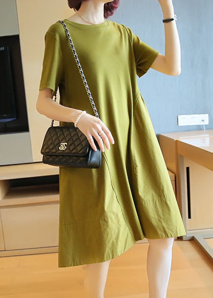 Simple Grass Green O-Neck Patchwork Exra Large Hem Cotton Dress Summer LY1419