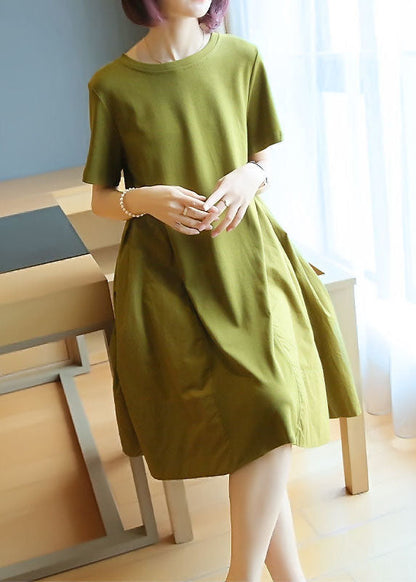 Simple Grass Green O-Neck Patchwork Exra Large Hem Cotton Dress Summer LY1419