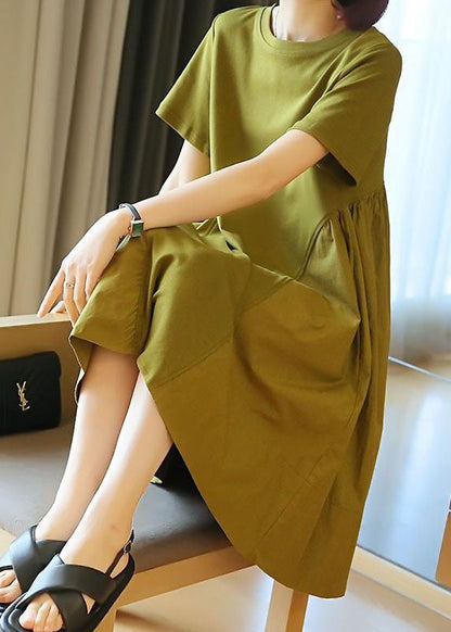 Simple Grass Green O-Neck Patchwork Exra Large Hem Cotton Dress Summer LY1419