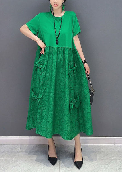 Simple Green O-Neck Patchwork Jacquard Cotton Long Dresses Summer LY1572