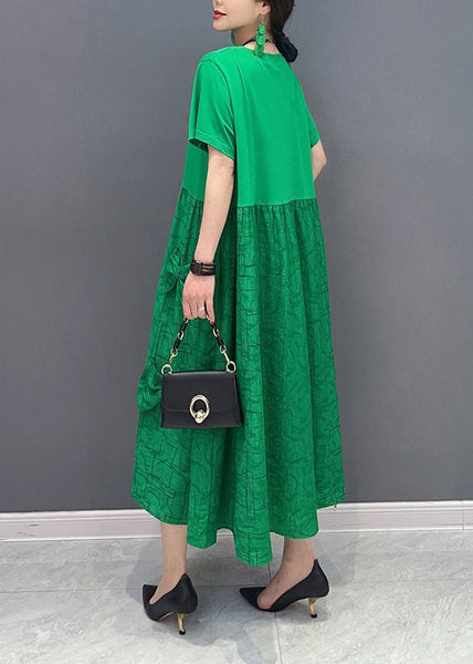 Simple Green O-Neck Patchwork Jacquard Cotton Long Dresses Summer LY1572