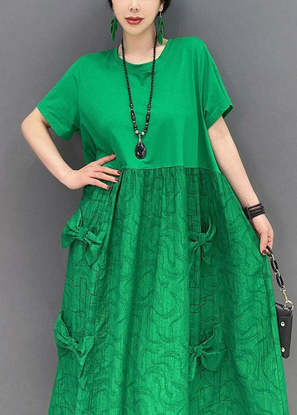 Simple Green O-Neck Patchwork Jacquard Cotton Long Dresses Summer LY1572