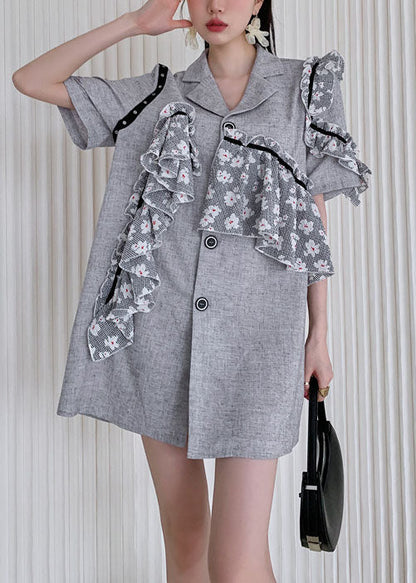 Simple Grey Notched Ruffled Patchwork Cotton Day Dress Summer LY0776