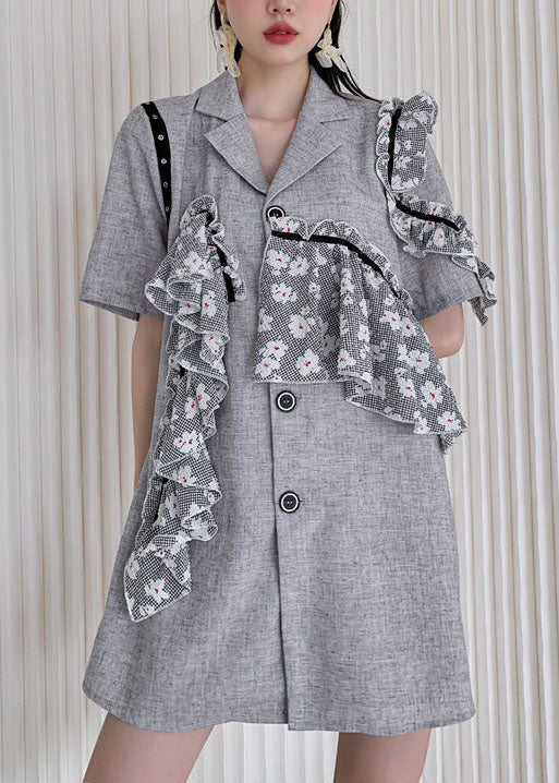 Simple Grey Notched Ruffled Patchwork Cotton Day Dress Summer LY0776