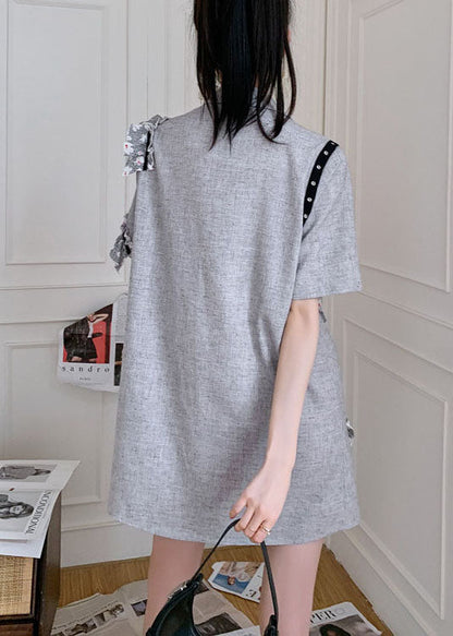 Simple Grey Notched Ruffled Patchwork Cotton Day Dress Summer LY0776