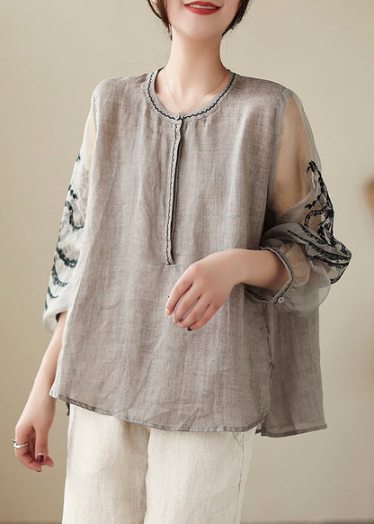 Simple Grey O-Neck Embroideried Linen Top Spring LY0665