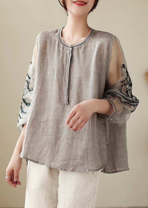 Simple Grey O-Neck Embroideried Linen Top AC2089