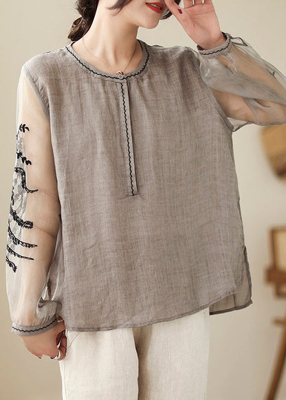 Simple Grey O-Neck Embroideried Linen Top AC2089