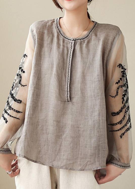 Simple Grey O-Neck Embroideried Linen Top Spring LY0665