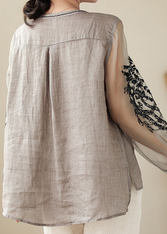 Simple Grey O-Neck Embroideried Linen Top AC2089