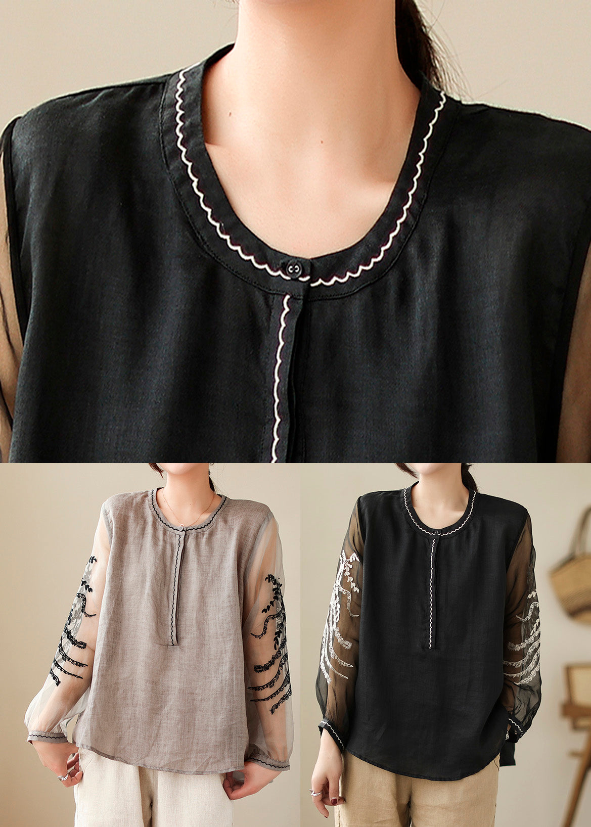 Simple Grey O-Neck Embroideried Linen Top Spring LY0665