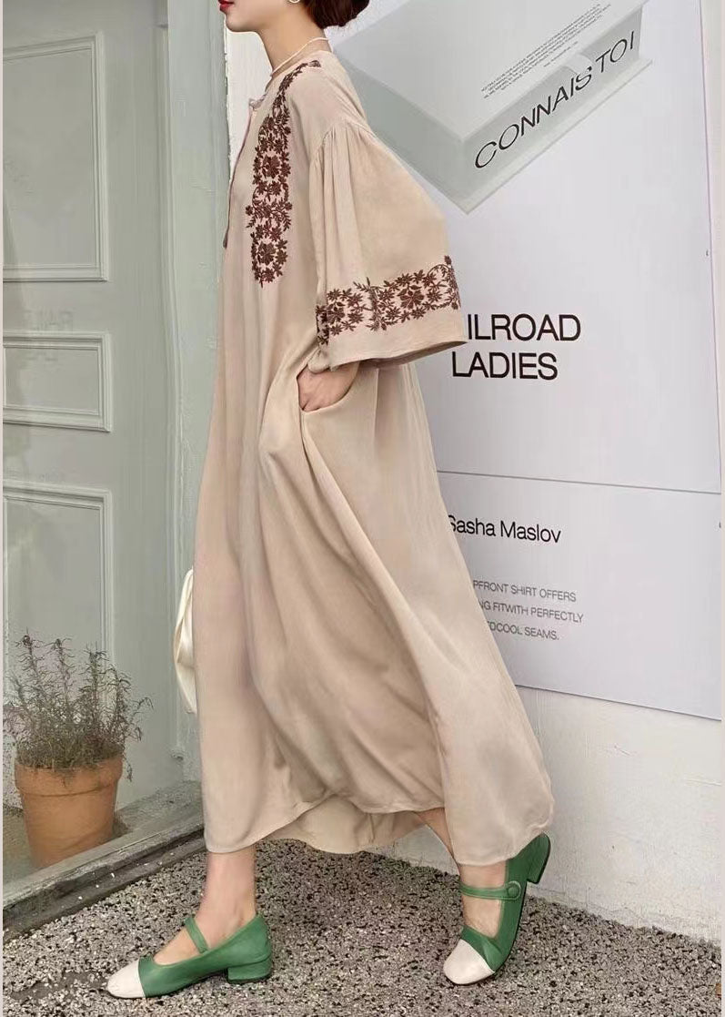 Simple Khaki Embroideried Oversized Cotton Vacation Dresses Batwing Sleeve LY1359