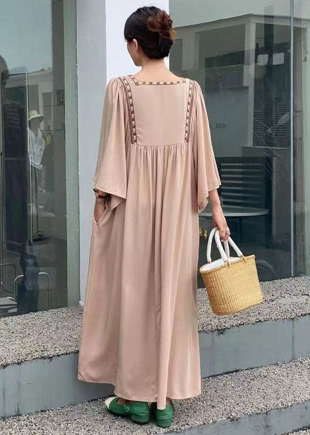 Simple Khaki Embroideried Oversized Cotton Vacation Dresses Batwing Sleeve LY1359