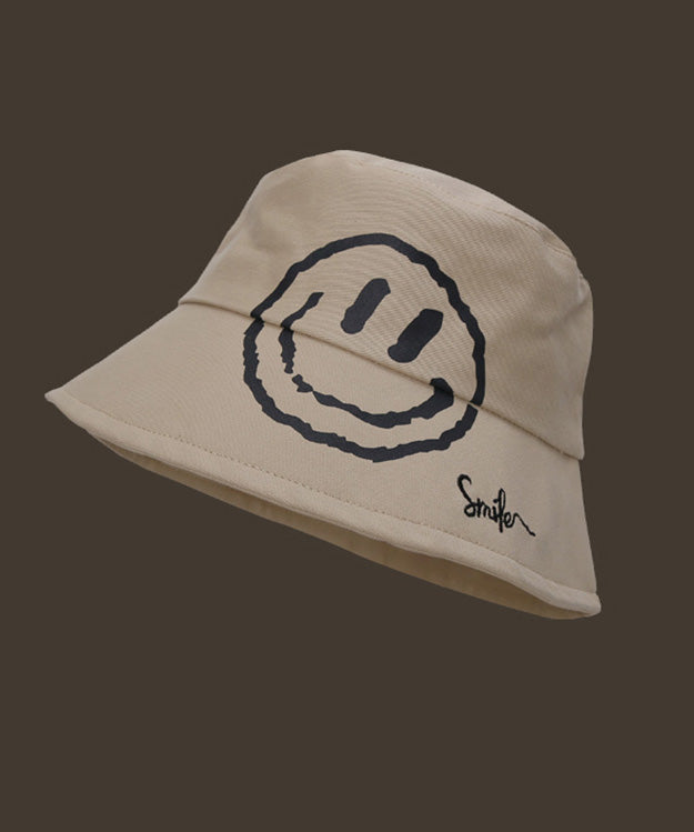 Simple Khaki Graphic Embroidery Patchwork Smiling Face Bucket Hat LY514