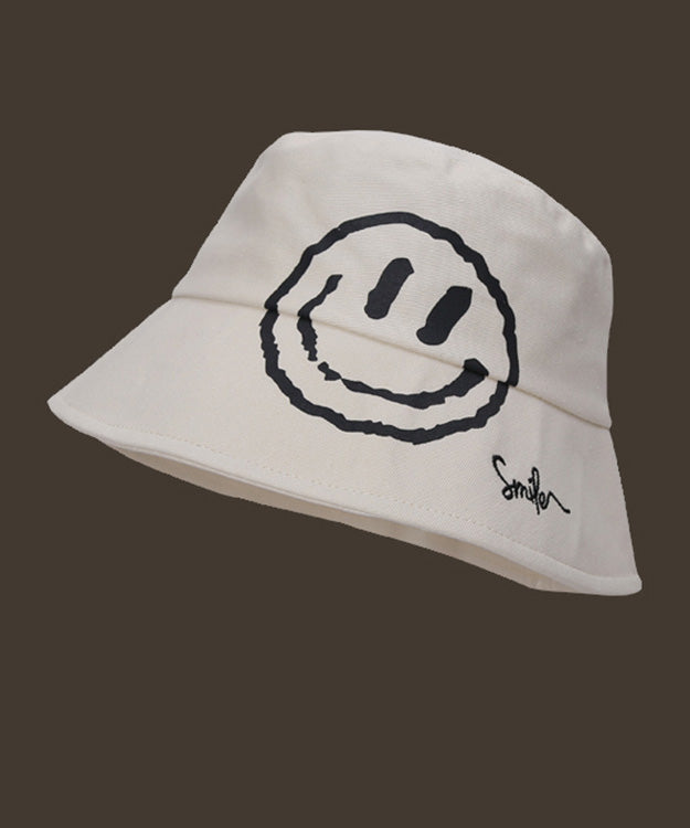 Simple Khaki Graphic Embroidery Patchwork Smiling Face Bucket Hat LY514