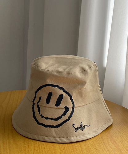 Simple Khaki Graphic Embroidery Patchwork Smiling Face Bucket Hat LY514