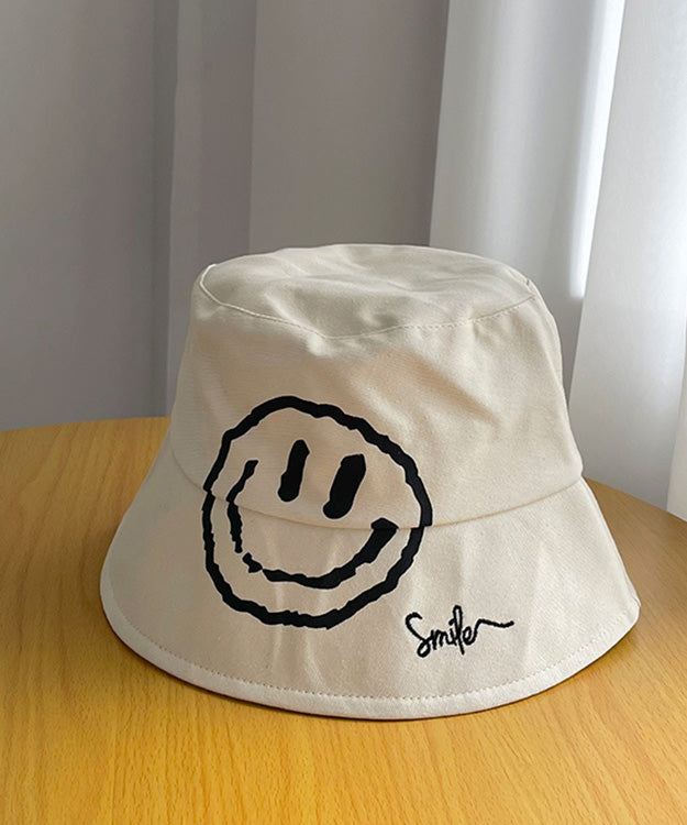 Simple Khaki Graphic Embroidery Patchwork Smiling Face Bucket Hat LY514