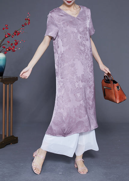 Simple Light Purple V Neck Jacquard Silk Vacation Dresses Summer LY1818