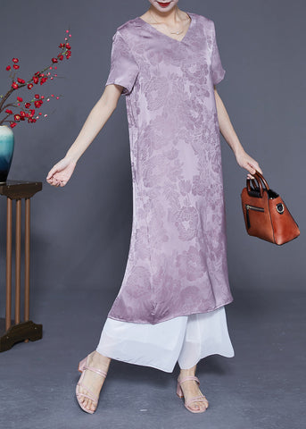 Simple Light Purple V Neck Jacquard Silk Vacation Dresses Summer LY1818