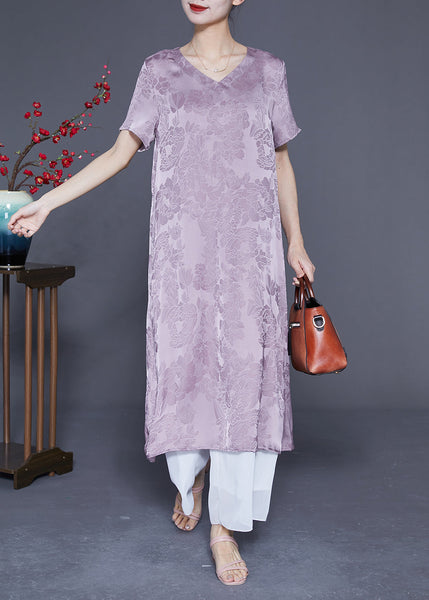 Simple Light Purple V Neck Jacquard Silk Vacation Dresses Summer LY1818