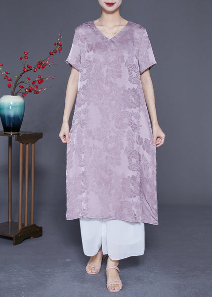 Simple Light Purple V Neck Jacquard Silk Vacation Dresses Summer LY1818