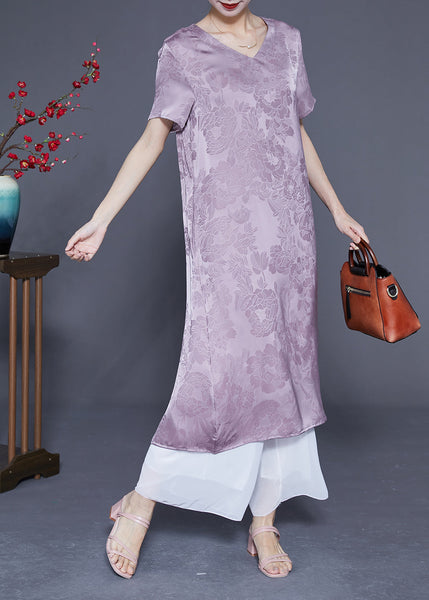 Simple Light Purple V Neck Jacquard Silk Vacation Dresses Summer LY1818