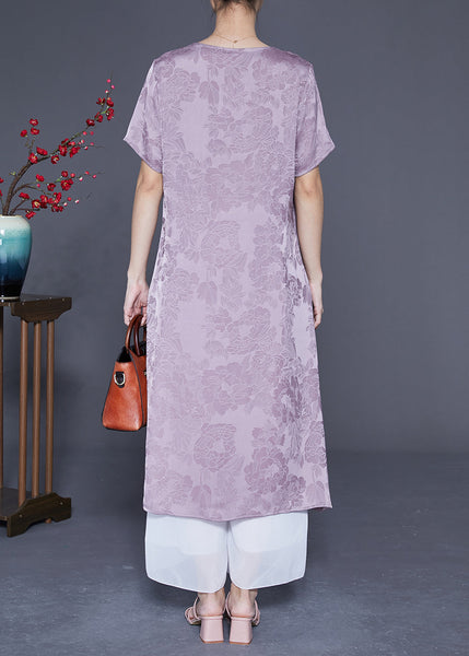 Simple Light Purple V Neck Jacquard Silk Vacation Dresses Summer LY1818