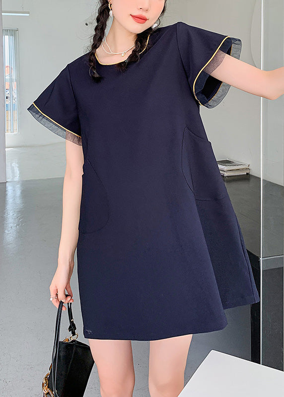 Simple Navy O-Neck Patchwork Mid Dress Short Sleeve LY0754