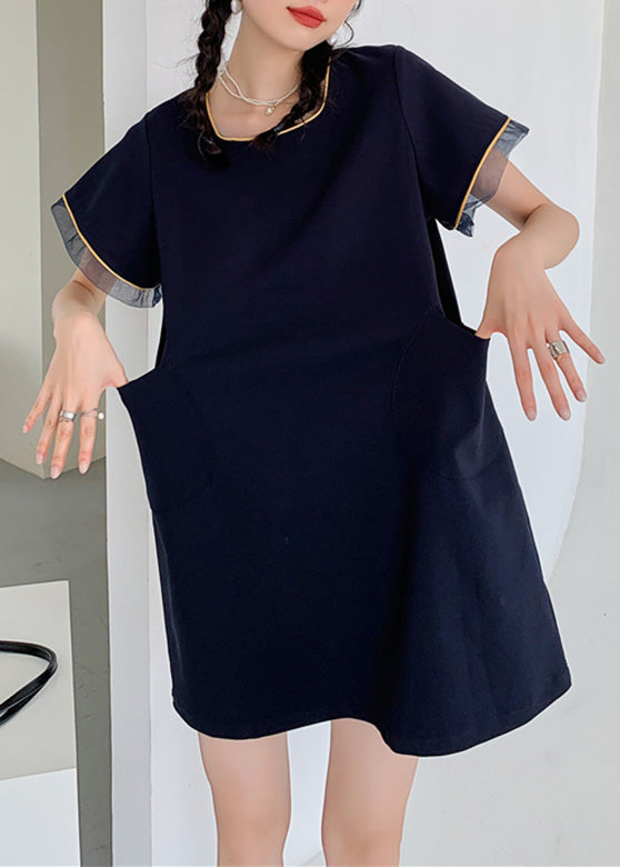 Simple Navy O-Neck Patchwork Mid Dress Short Sleeve LY0754