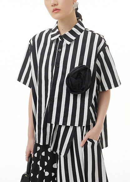 Simple Peter Pan Collar Asymmetrical Patchwork Button Cotton Shirts Summer LY1208