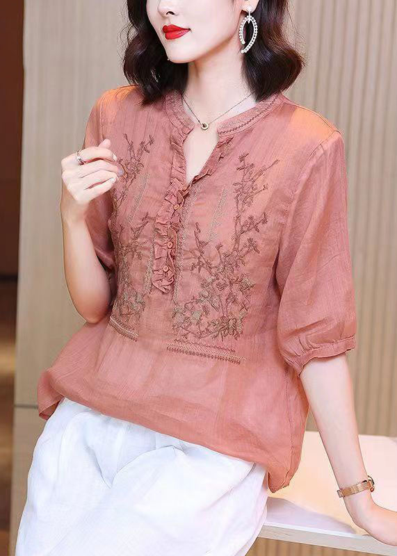 Simple Pink Ruffled Embroideried Patchwork Linen Tops Summer TP1008