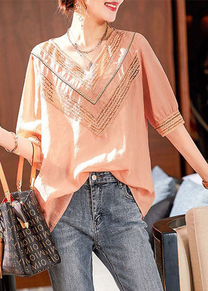 Hauts en lin patchwork rose simple à col en V ajouré, été LY0614