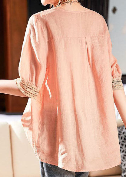 Simple Pink V Neck Hollow Out Patchwork Linen Tops Summer LY0614