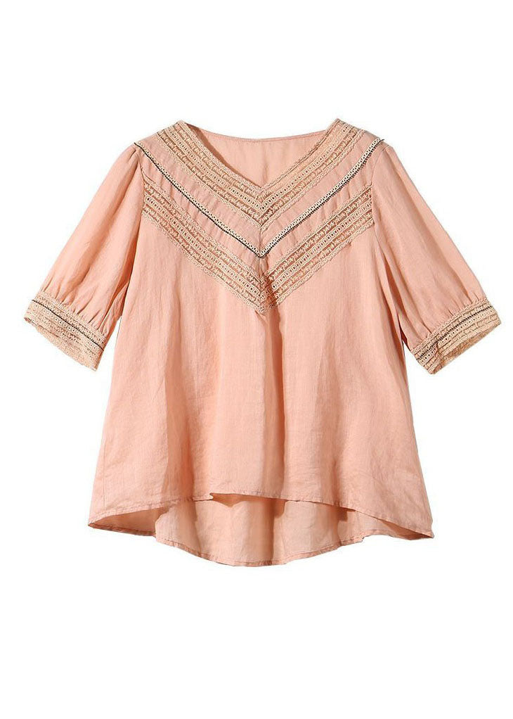 Simple Pink V Neck Hollow Out Patchwork Linen Tops Summer LY0614