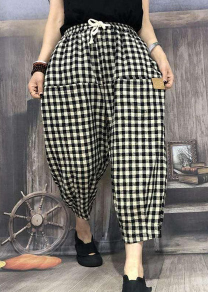 Simple Plaid Pocket Patchwork Cotton Crop Pants Summer LY0617