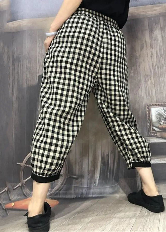 Simple Plaid Pocket Patchwork Cotton Crop Pants Summer LY0617