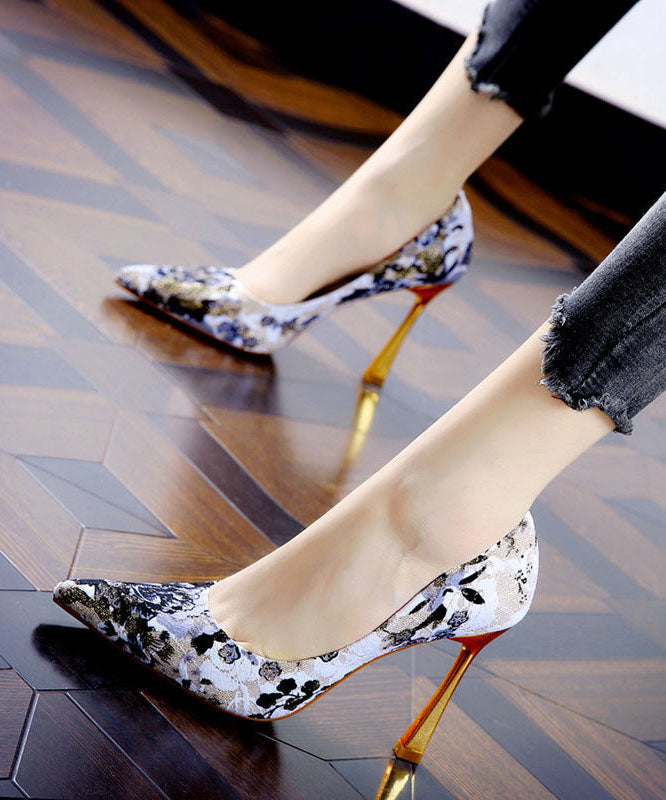 Simple Pointed Toe Stiletto High Heels Black Jacquard LC0174