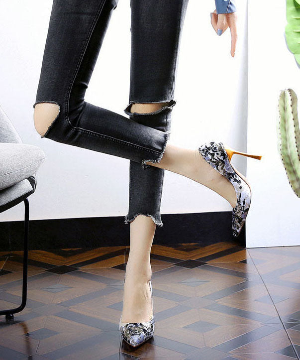 Simple Pointed Toe Stiletto High Heels Black Jacquard LC0174