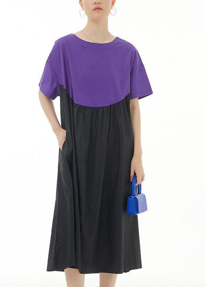 Simple Purple O Neck Wrinkled Patchwork Cotton Dresses Summer LY1166